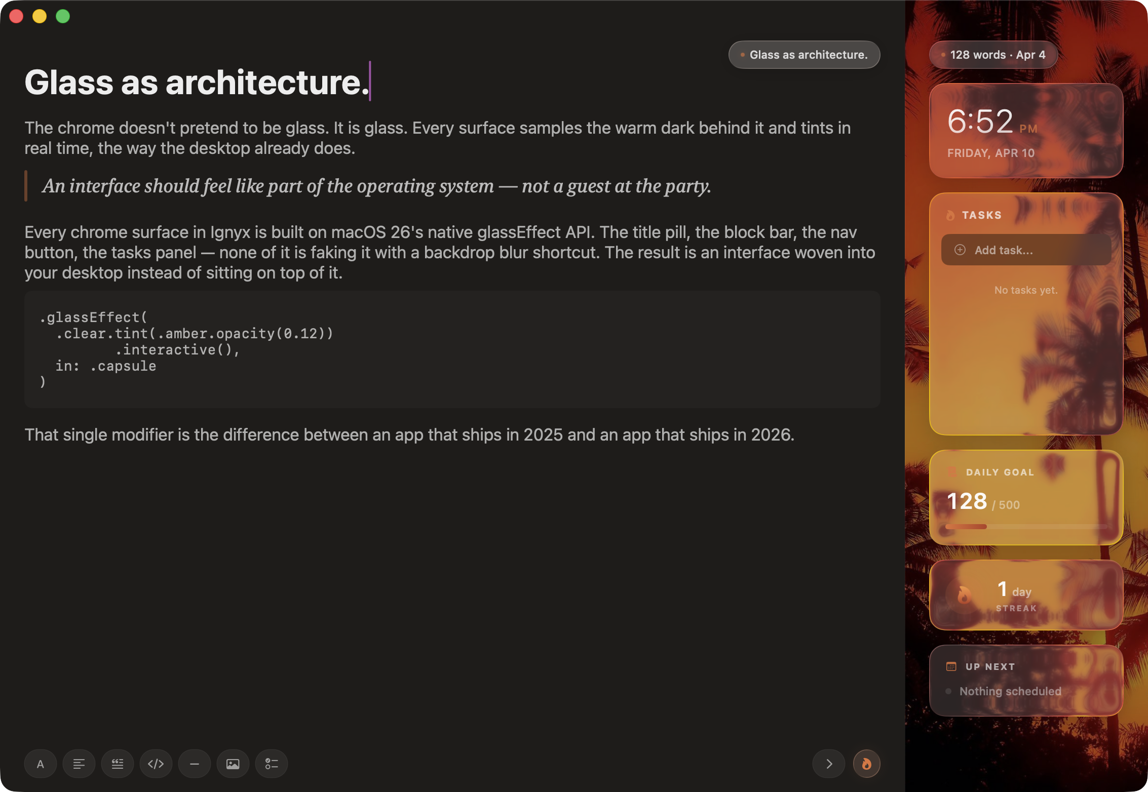 Ignyx editor showing live liquid-glass title pill, block bar, and tasks panel