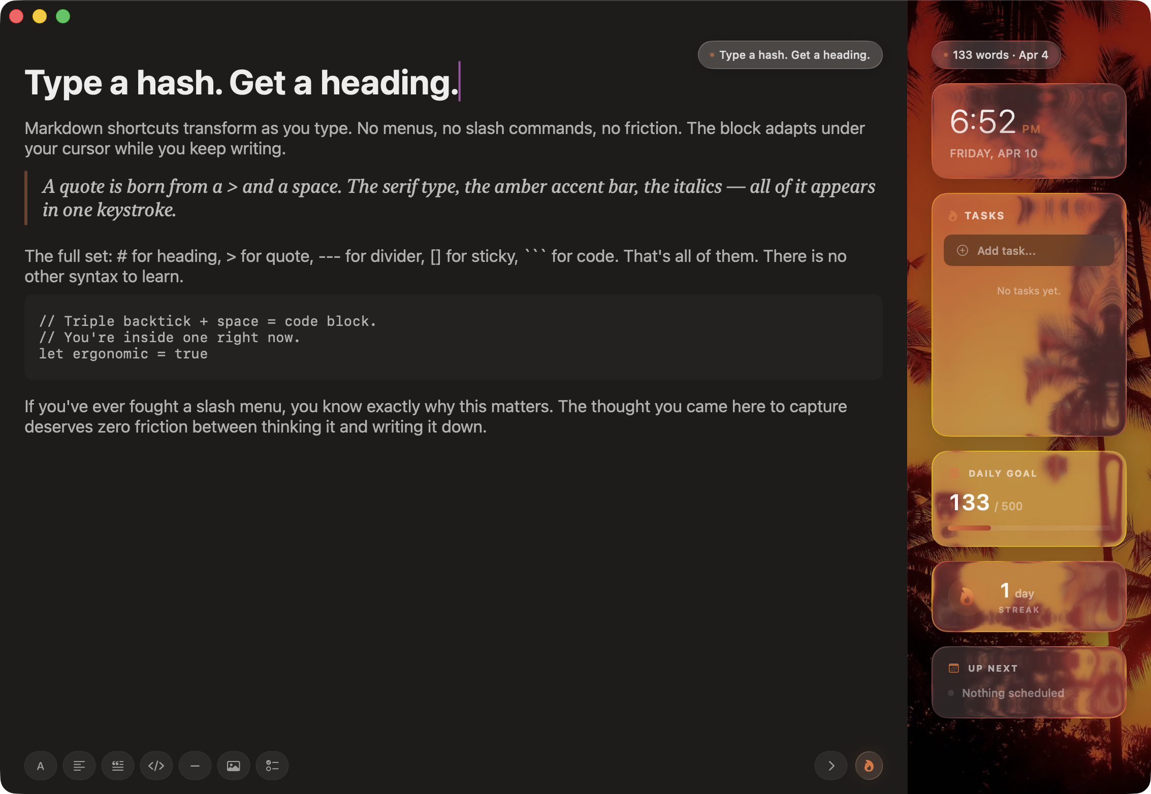 Ignyx editor showing markdown shortcut transforming into a heading
