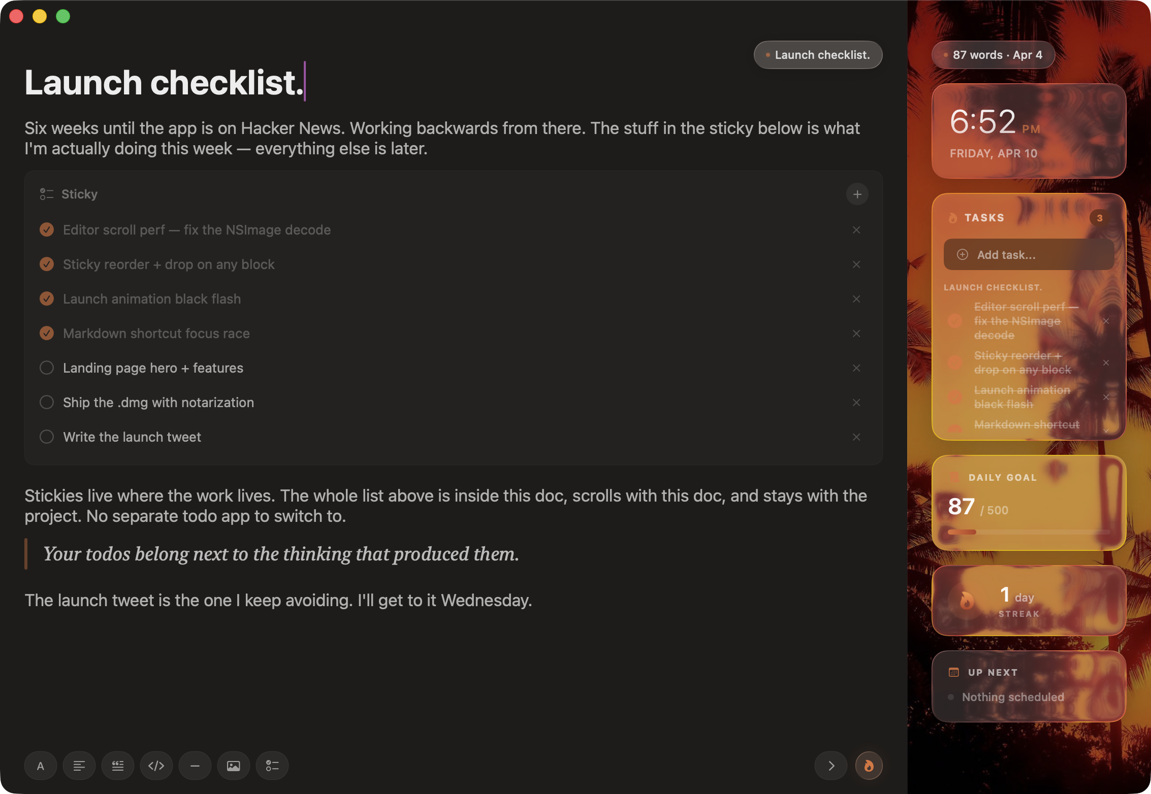 Ignyx editor showing a sticky block inside a launch checklist doc with the tasks panel mirroring the same items